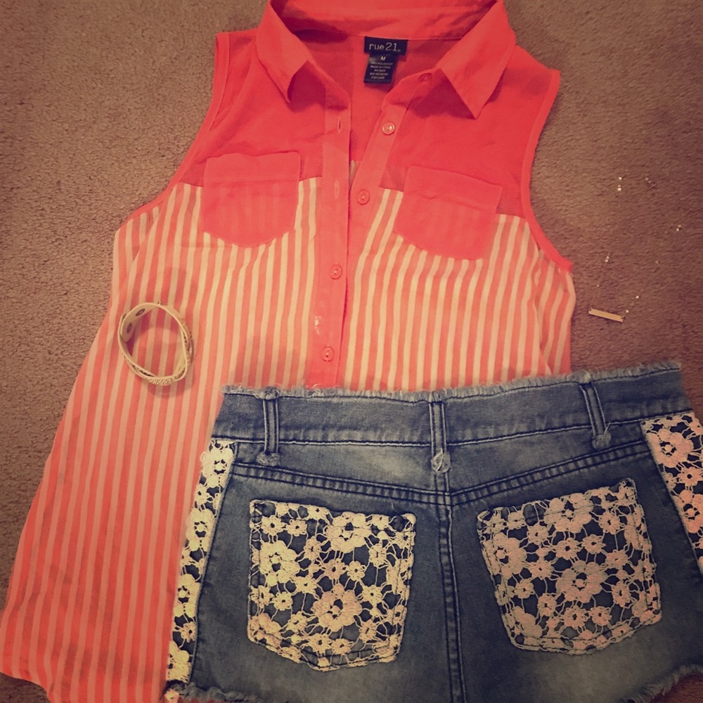 Rue 21 coral sleeveless top and gold braid cuff